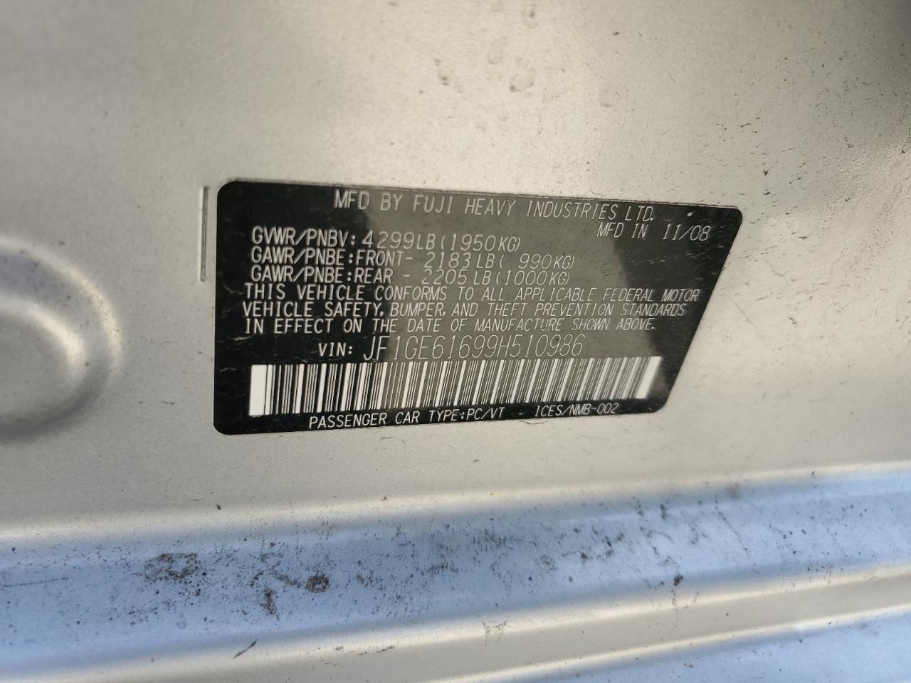 2009 Subaru Impreza 2.5I VIN: JF1GE61699H510986 Lot: 53156155