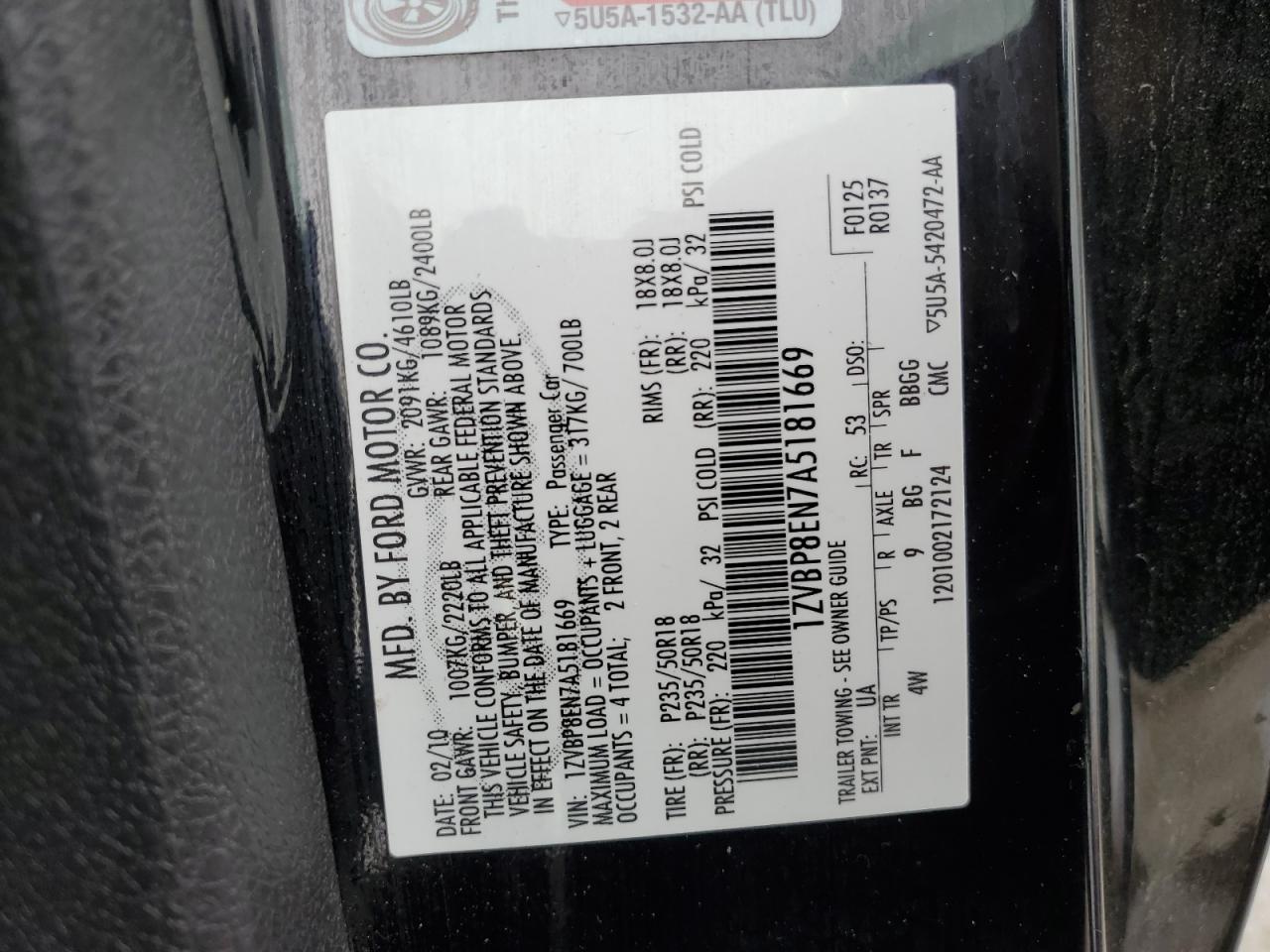 2010 Ford Mustang VIN: 1ZVBP8EN7A5181669 Lot: 55146765