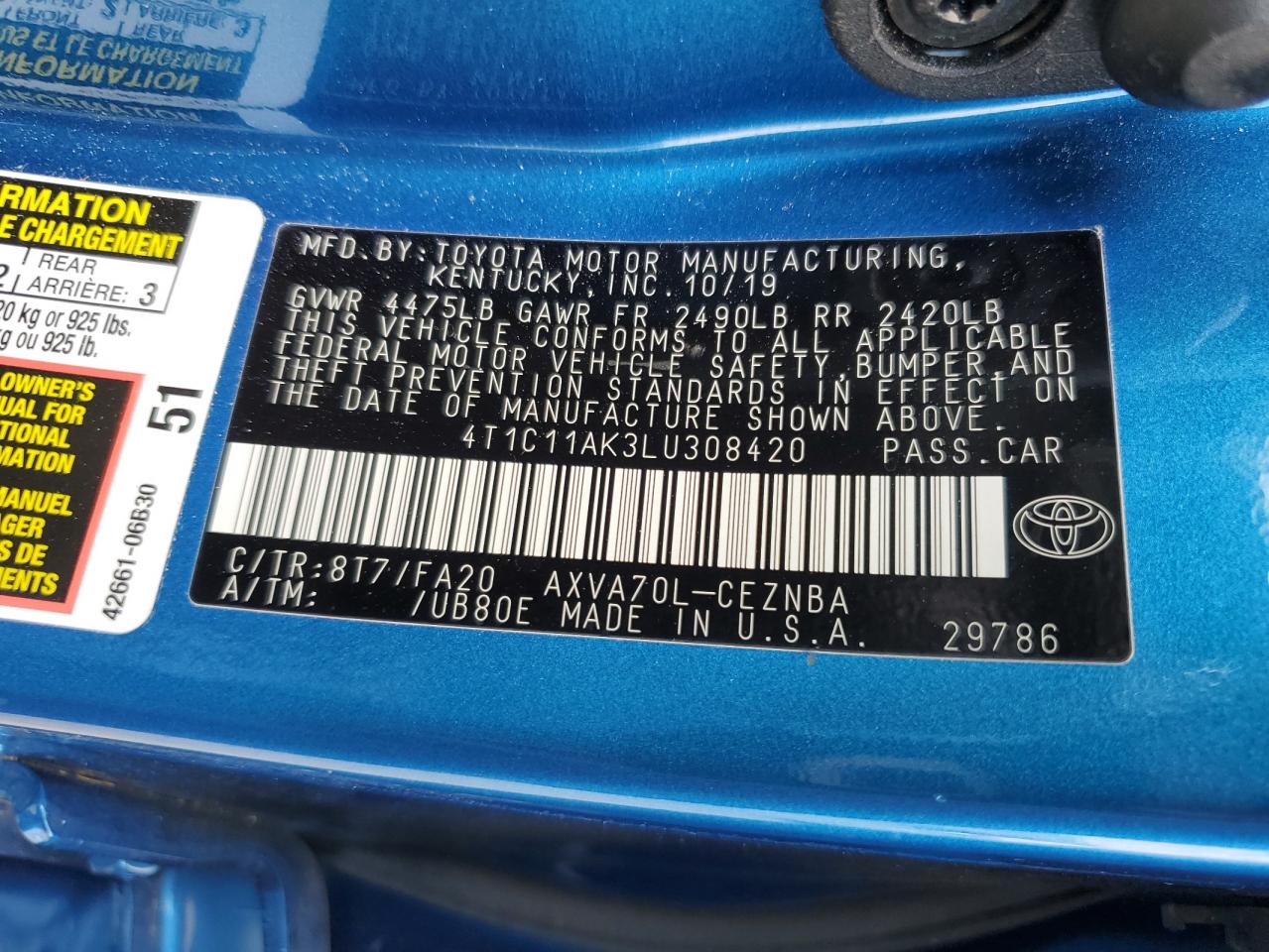 2020 Toyota Camry Le VIN: 4T1C11AK3LU308420 Lot: 54842785