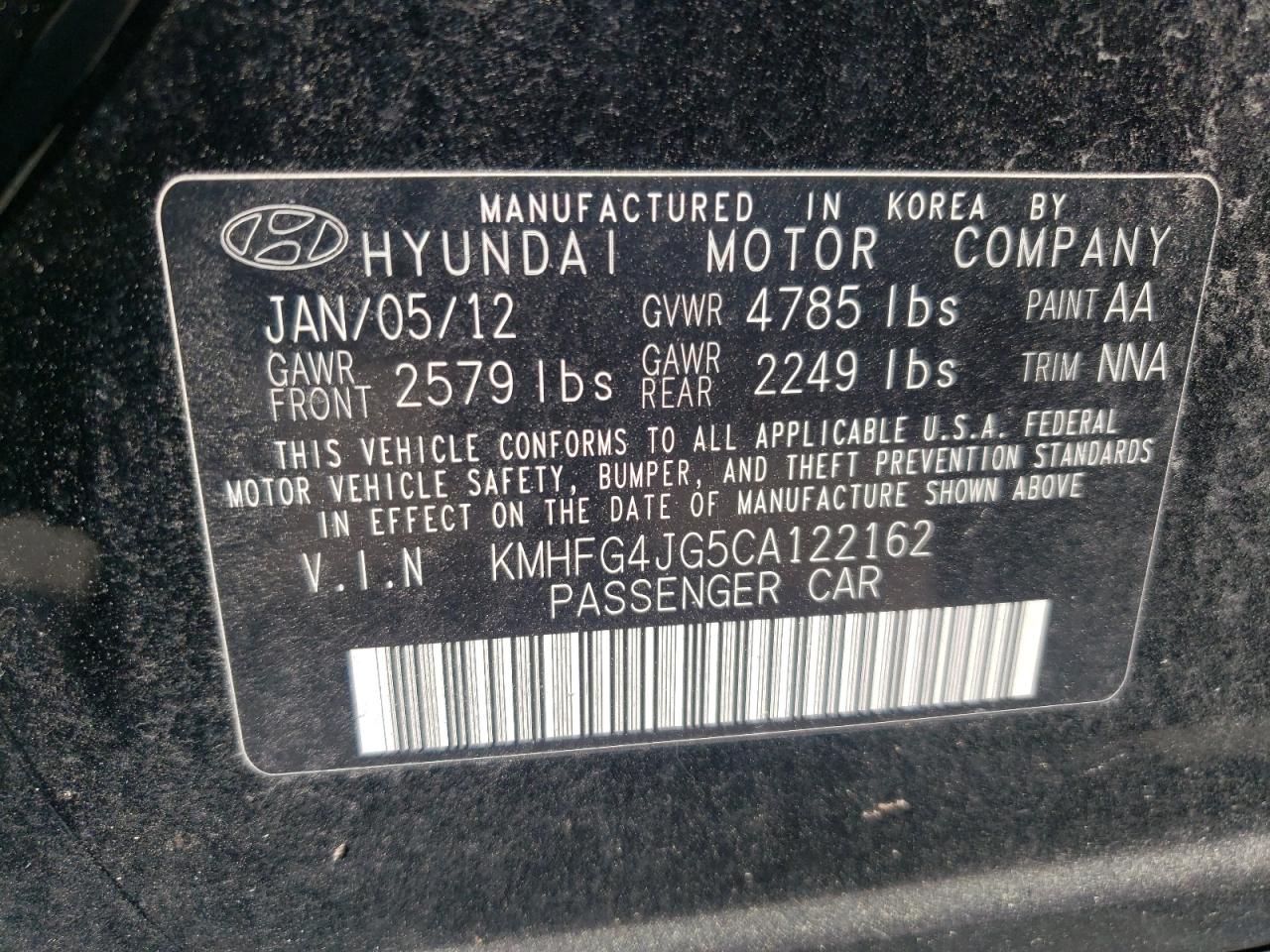 2012 Hyundai Azera Gls VIN: KMHFG4JG5CA122162 Lot: 52493935