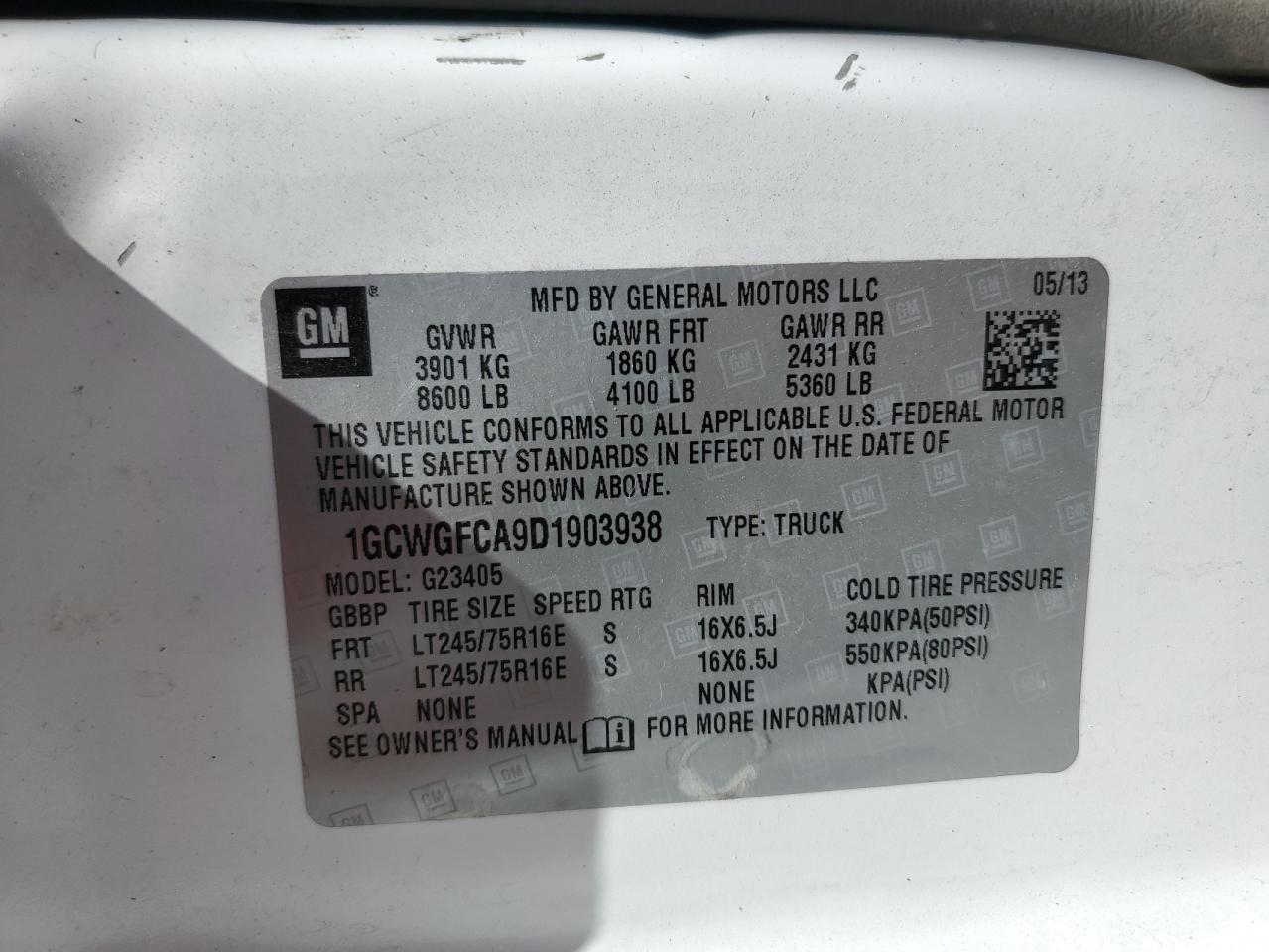 2013 Chevrolet Express G2500 VIN: 1GCWGFCA9D1903938 Lot: 53094505