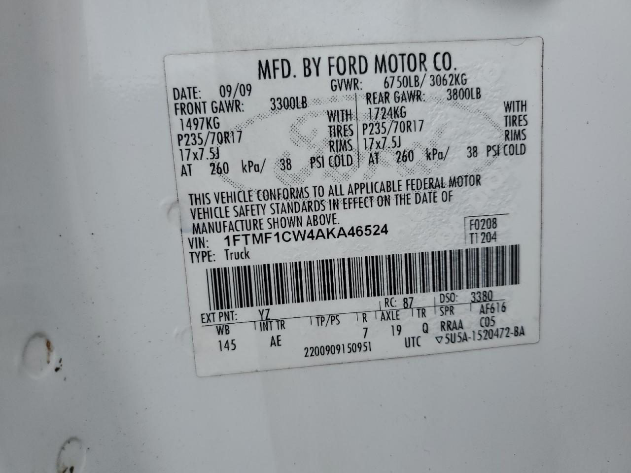 2010 Ford F150 VIN: 1FTMF1CW4AKA46524 Lot: 50549035