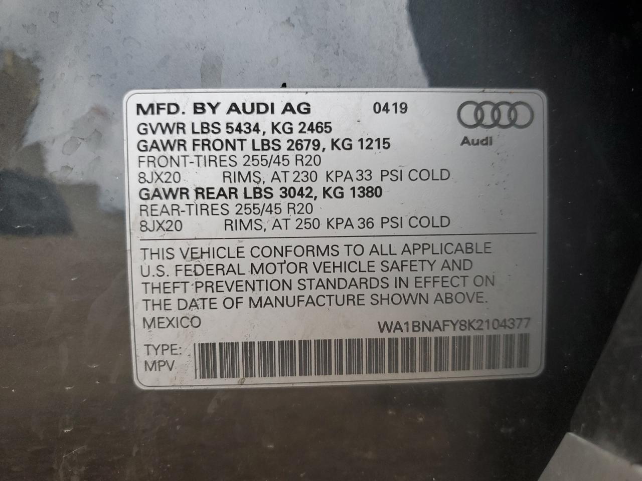 2019 Audi Q5 Premium Plus VIN: WA1BNAFY8K2104377 Lot: 53814235