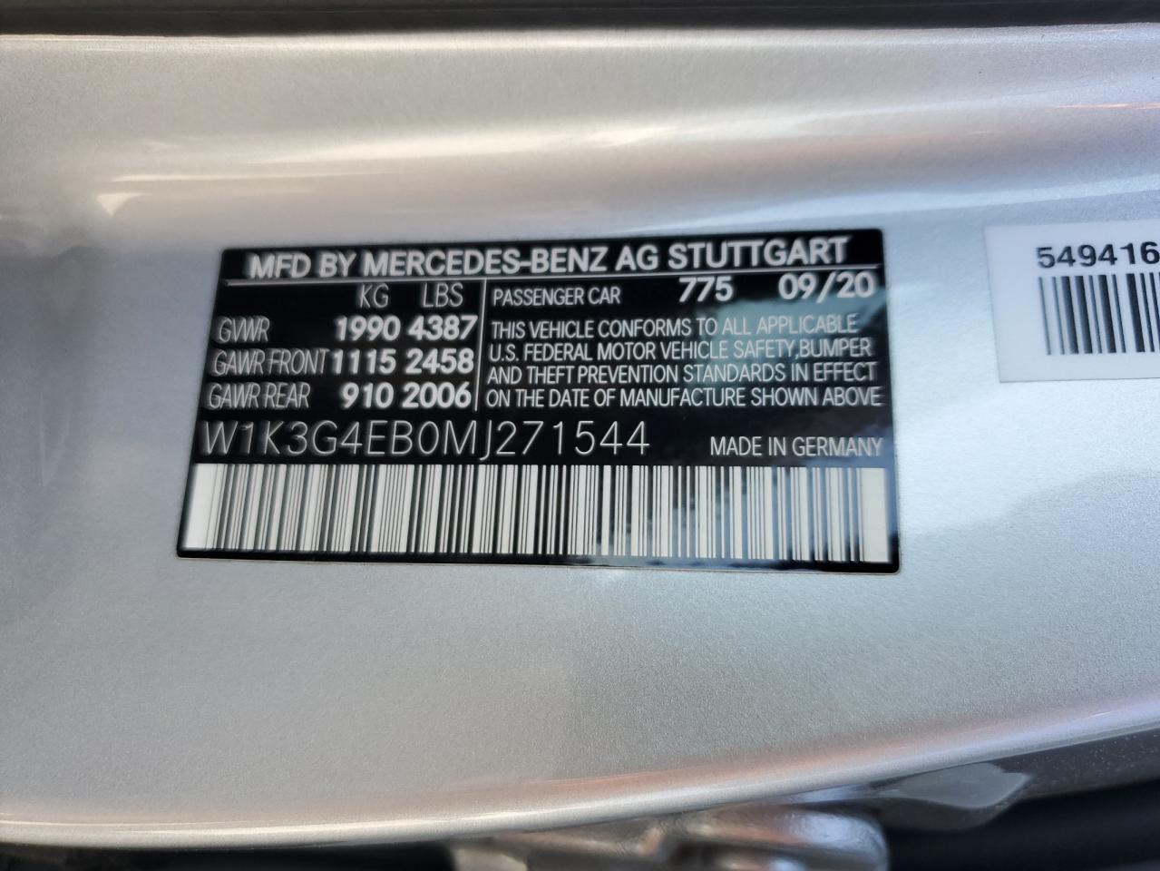 2021 Mercedes-Benz A 220 VIN: W1K3G4EB0MJ271544 Lot: 53053585