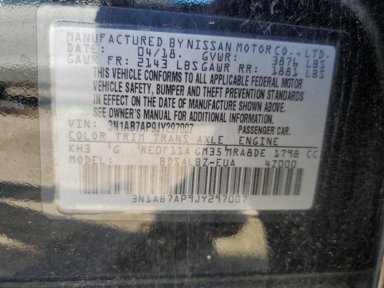 2018 Nissan Sentra S VIN: 3N1AB7AP9JY297007 Lot: 54936495