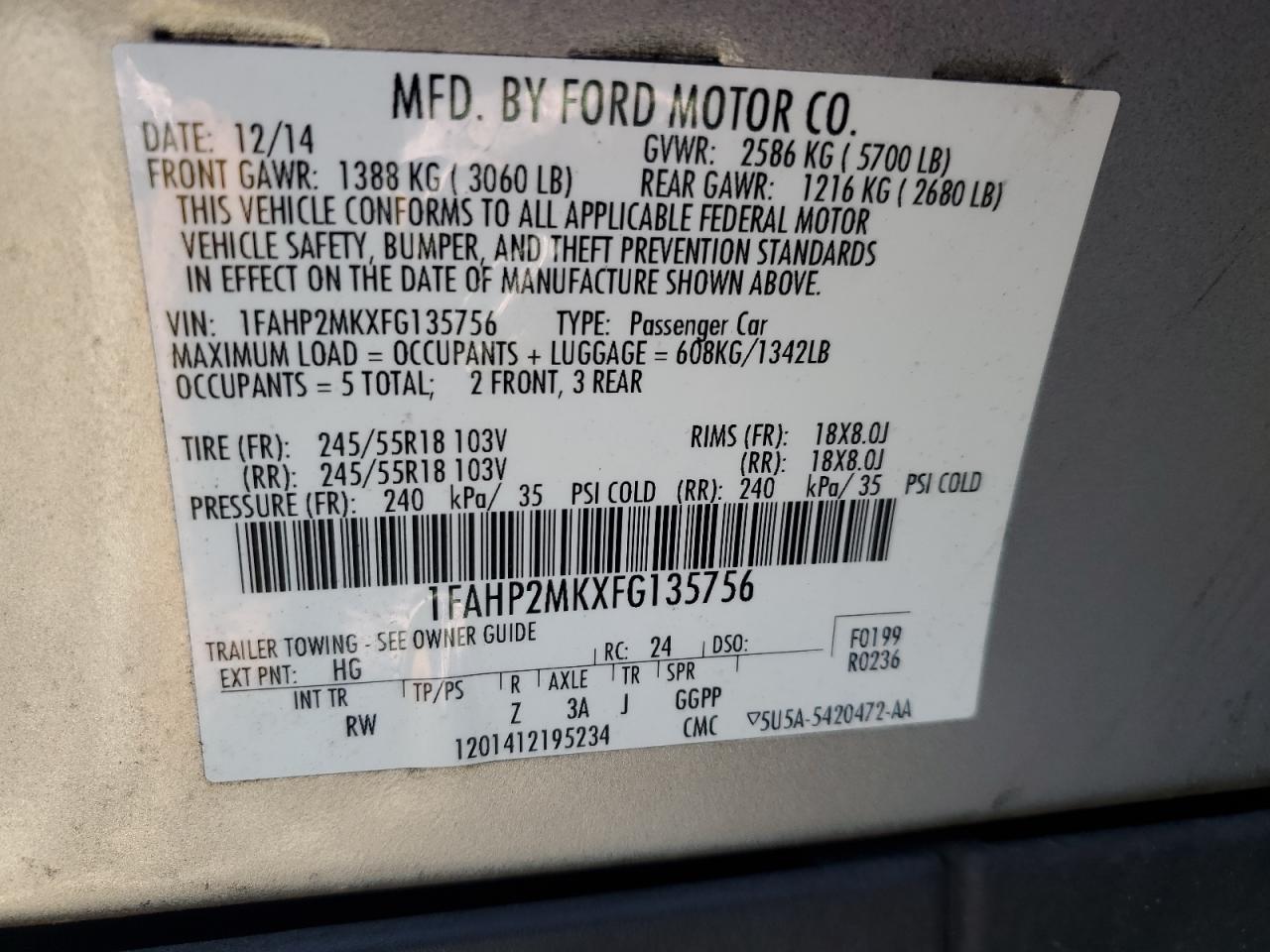 2015 Ford Taurus Police Interceptor VIN: 1FAHP2MKXFG135756 Lot: 53776455