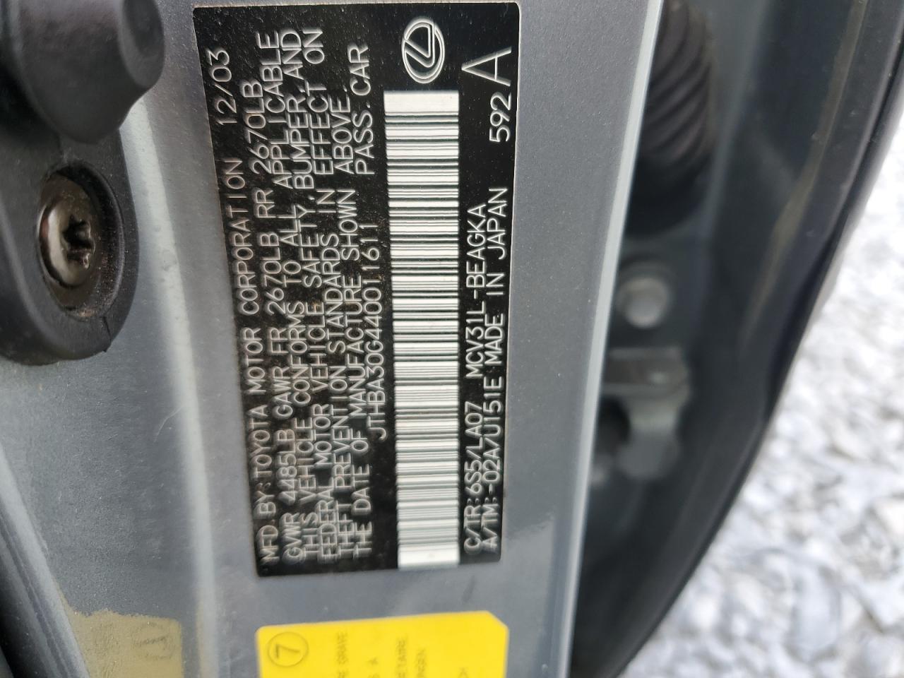 2004 Lexus Es 330 VIN: JTHBA30G440011611 Lot: 55029235