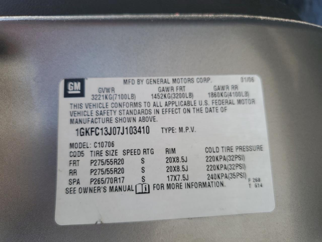 1GKFC13J07J103410 2007 GMC Yukon