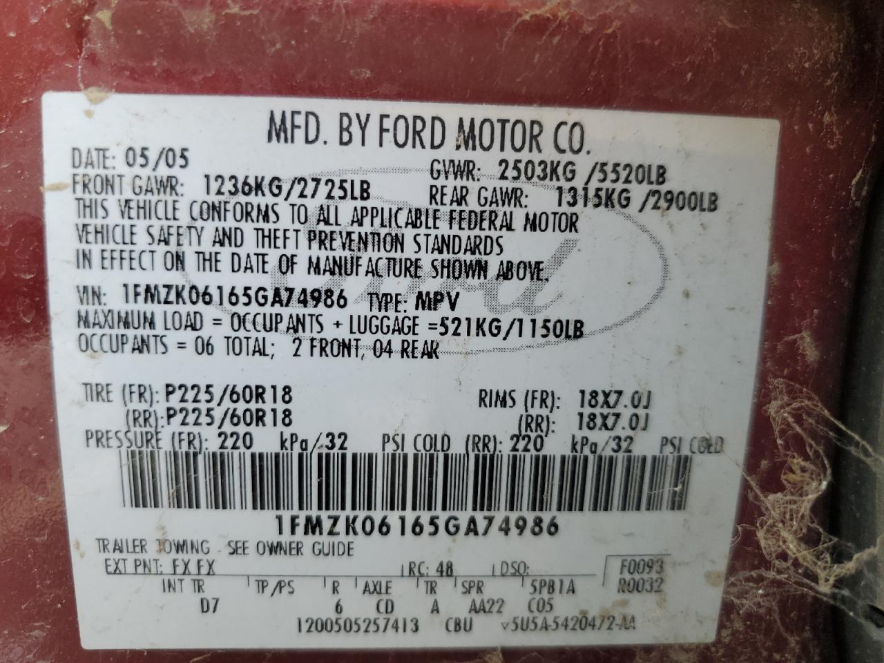 2005 Ford Freestyle Limited VIN: 1FMZK06165GA74986 Lot: 53398485