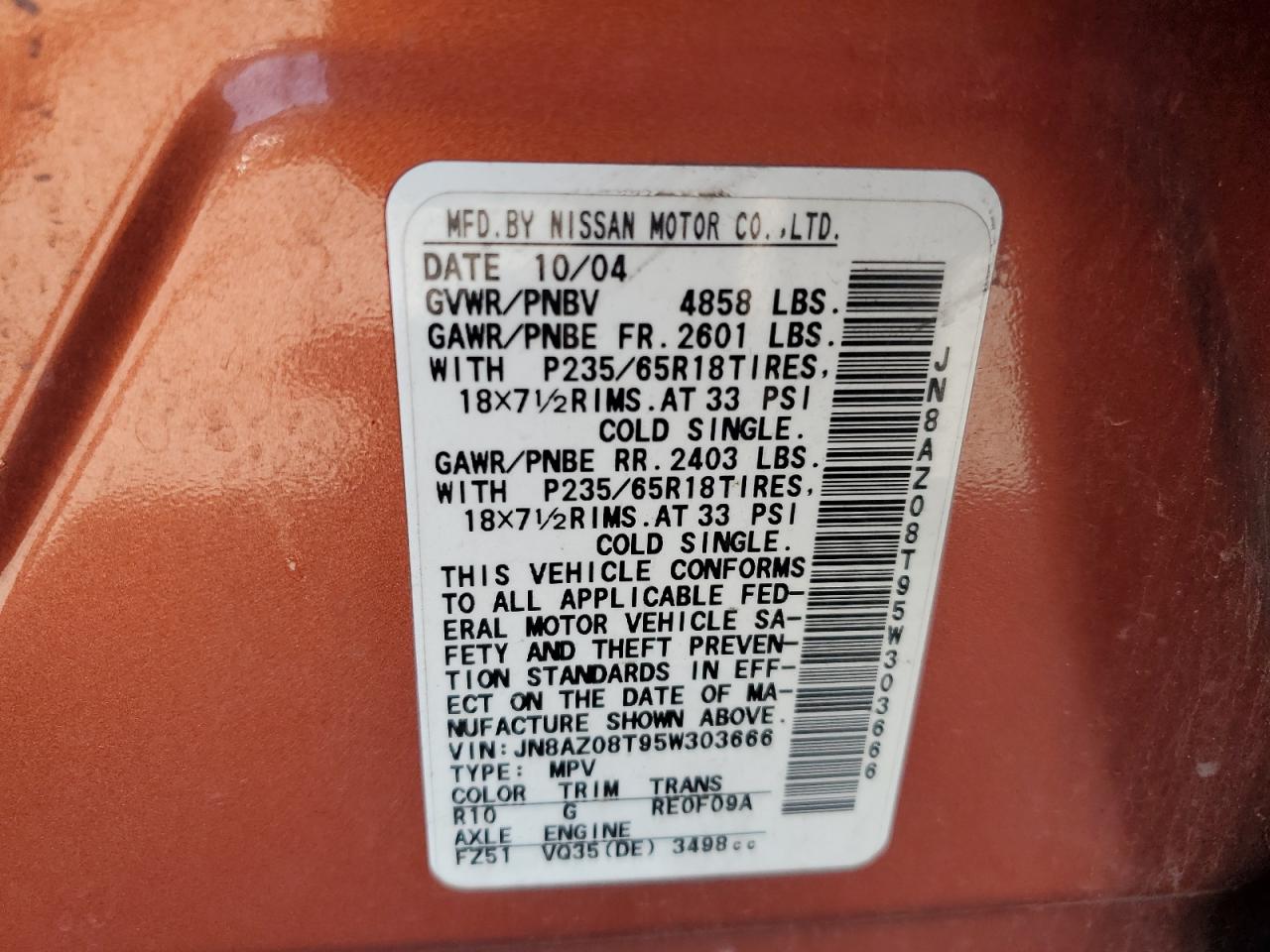 2005 Nissan Murano Sl VIN: JN8AZ08T95W303666 Lot: 54079105