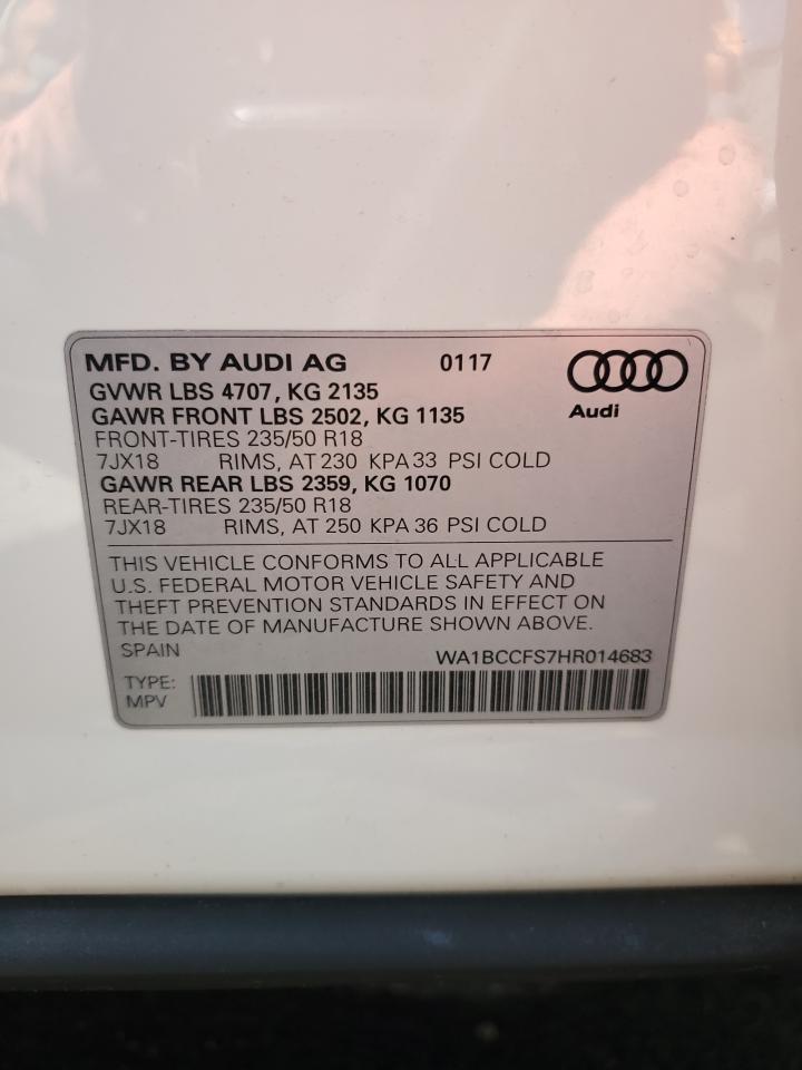 2017 Audi Q3 Premium VIN: WA1BCCFS7HR014683 Lot: 54739465