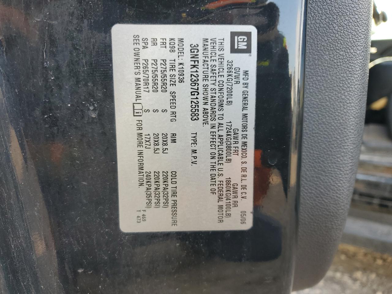 2007 Chevrolet Avalanche K1500 VIN: 3GNFK12367G125583 Lot: 81181515