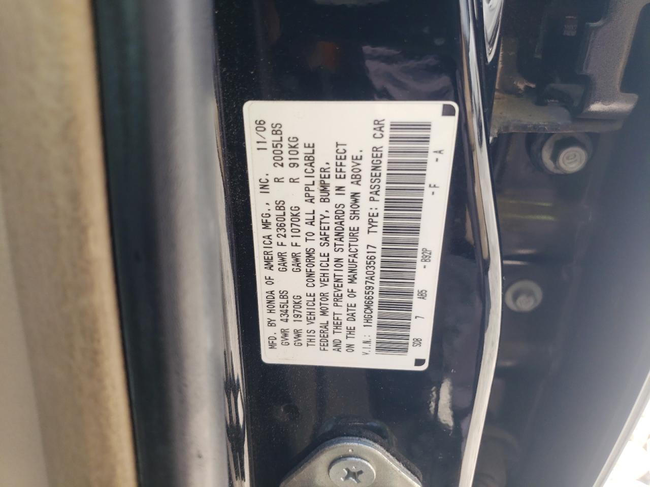 2007 Honda Accord Ex VIN: 1HGCM66597A035617 Lot: 54007025