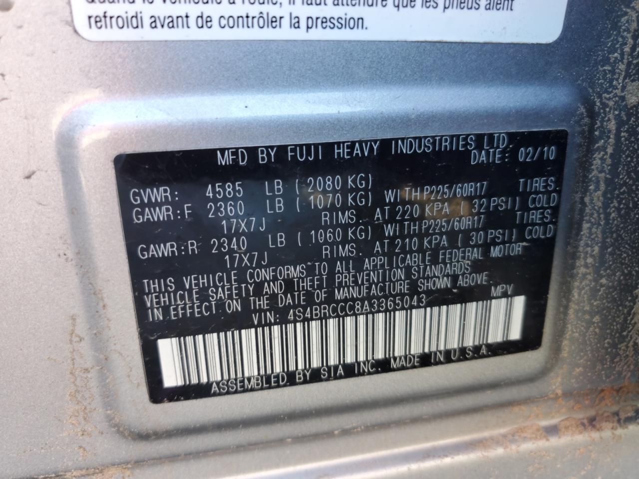 2010 Subaru Outback 2.5I Premium VIN: 4S4BRCCC8A3365043 Lot: 53848535