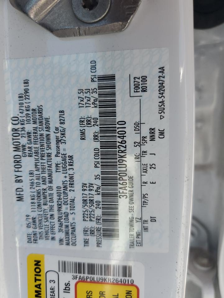 2019 Ford Fusion Se VIN: 3FA6P0LU9KR264010 Lot: 54031885