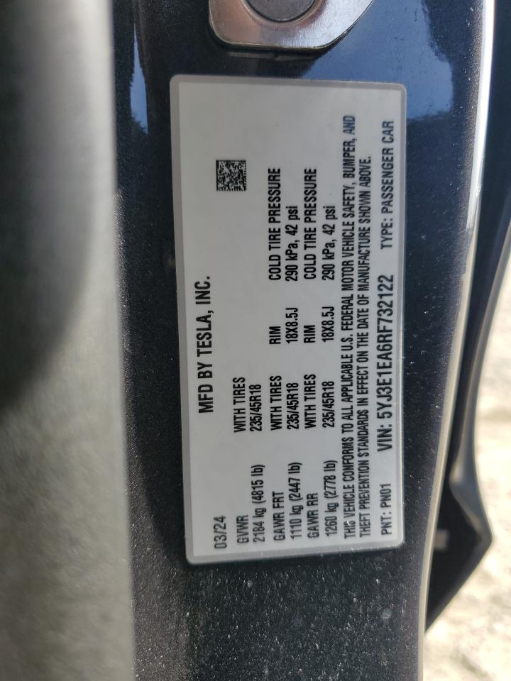 2024 Tesla Model 3 VIN: 5YJ3E1EA6RF732122 Lot: 53071405
