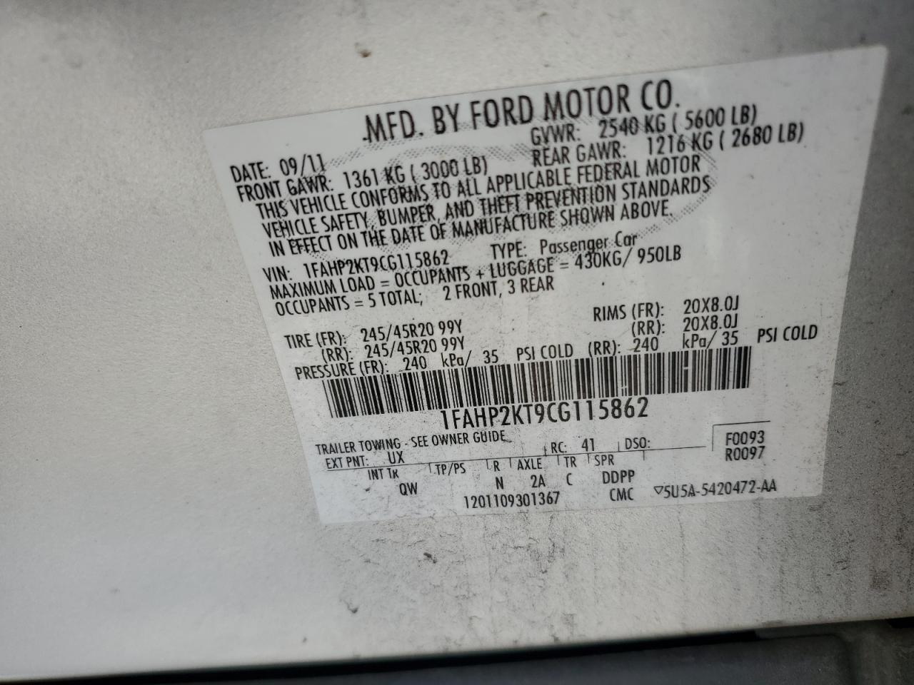 2012 Ford Taurus Sho VIN: 1FAHP2KT9CG115862 Lot: 54793195