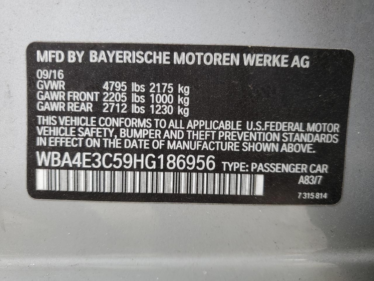 2017 BMW 440I Gran Coupe VIN: WBA4E3C59HG186956 Lot: 52265235