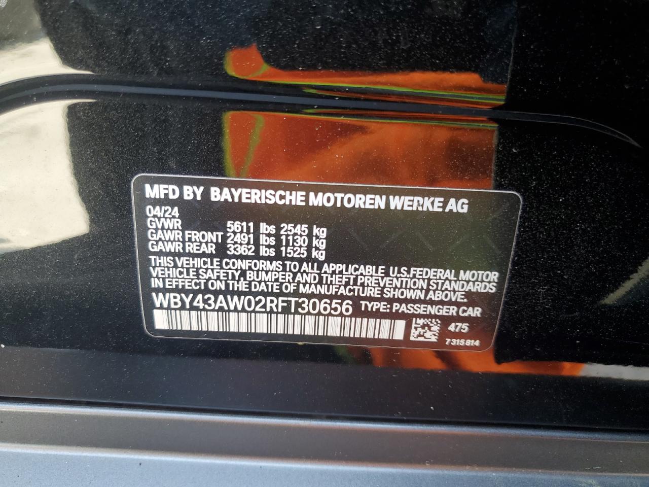 2024 BMW I4 Edrive 35 VIN: WBY43AW02RFT30656 Lot: 55195715