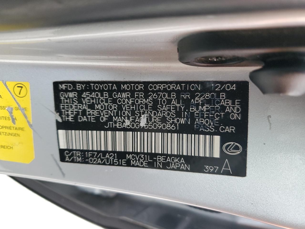 2005 Lexus Es 330 VIN: JTHBA30G955090861 Lot: 52395525