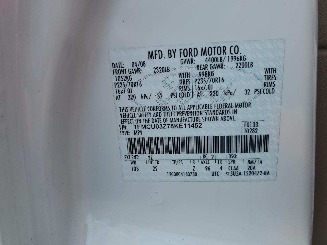 2008 Ford Escape Xlt VIN: 1FMCU03Z78KE11452 Lot: 53829425