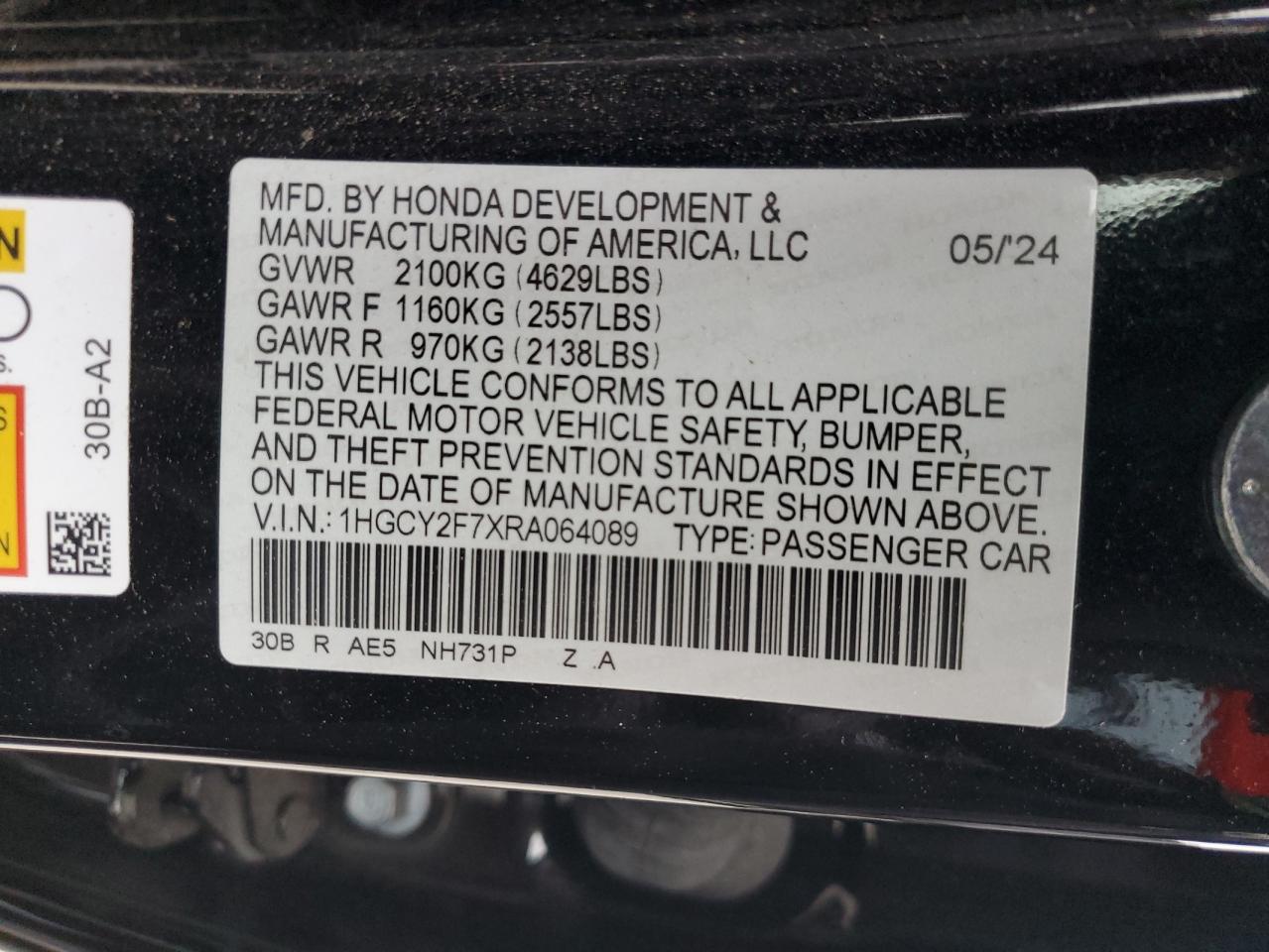 2024 Honda Accord Hybrid Sport-L VIN: 1HGCY2F7XRA064089 Lot: 53791885