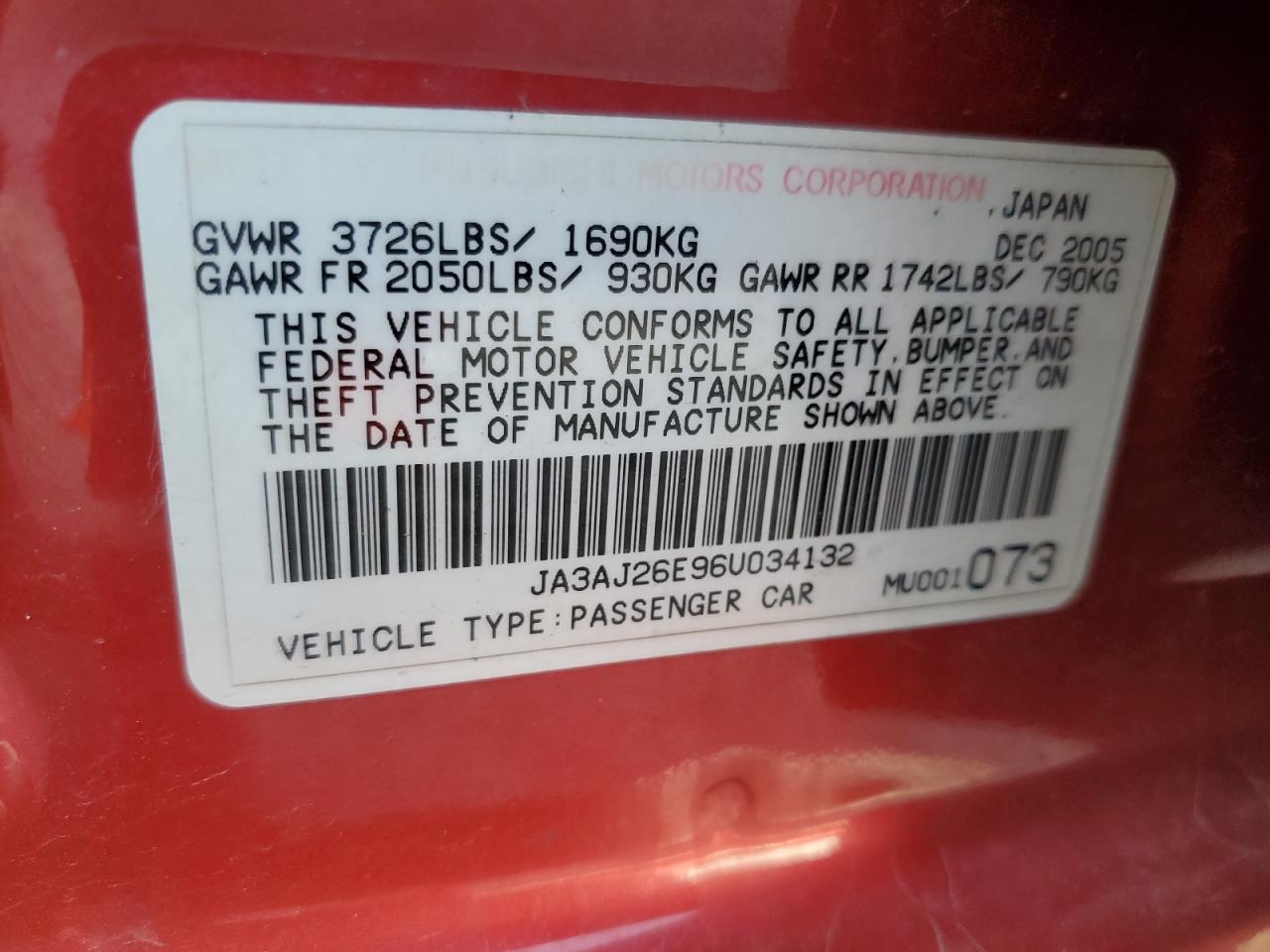 2006 Mitsubishi Lancer Es VIN: JA3AJ26E96U034132 Lot: 53722855