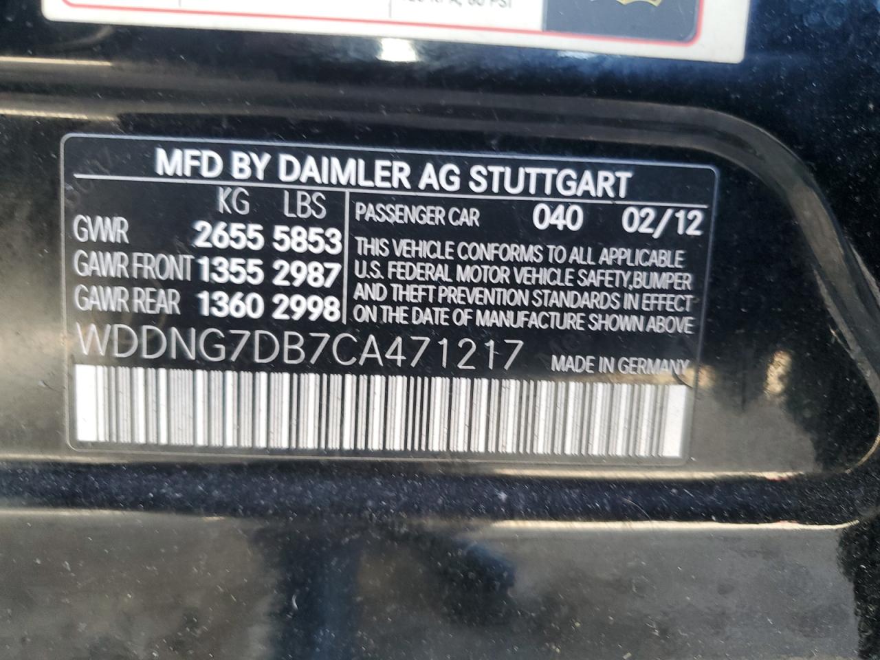 2012 Mercedes-Benz S 550 VIN: WDDNG7DB7CA471217 Lot: 54730275