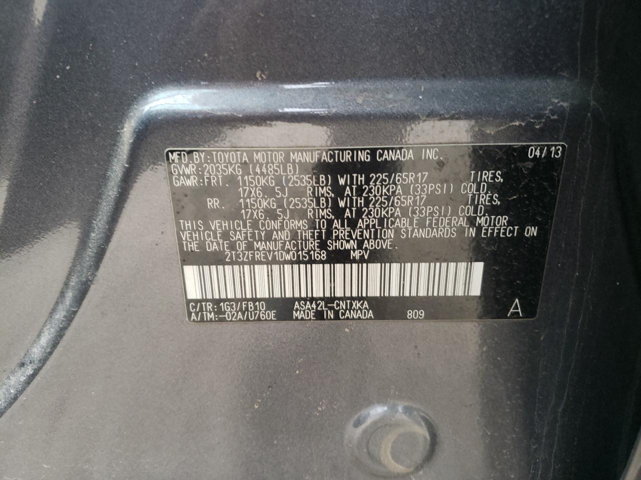 2013 Toyota Rav4 Le VIN: 2T3ZFREV1DW015168 Lot: 53497545