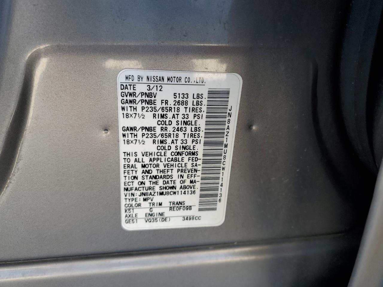 2012 Nissan Murano S VIN: JN8AZ1MU8CW114136 Lot: 54002115
