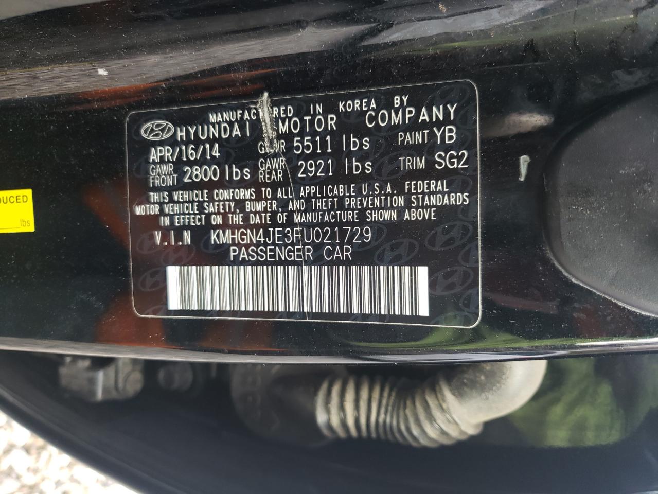 2015 Hyundai Genesis 3.8L VIN: KMHGN4JE3FU021729 Lot: 54375815