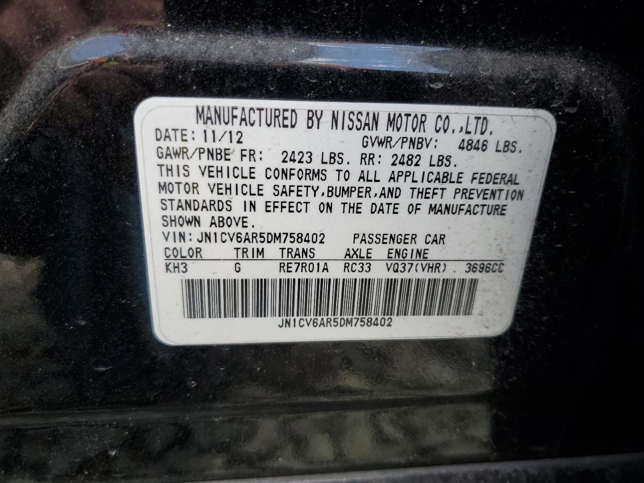 2013 Infiniti G37 VIN: JN1CV6AR5DM758402 Lot: 52972875