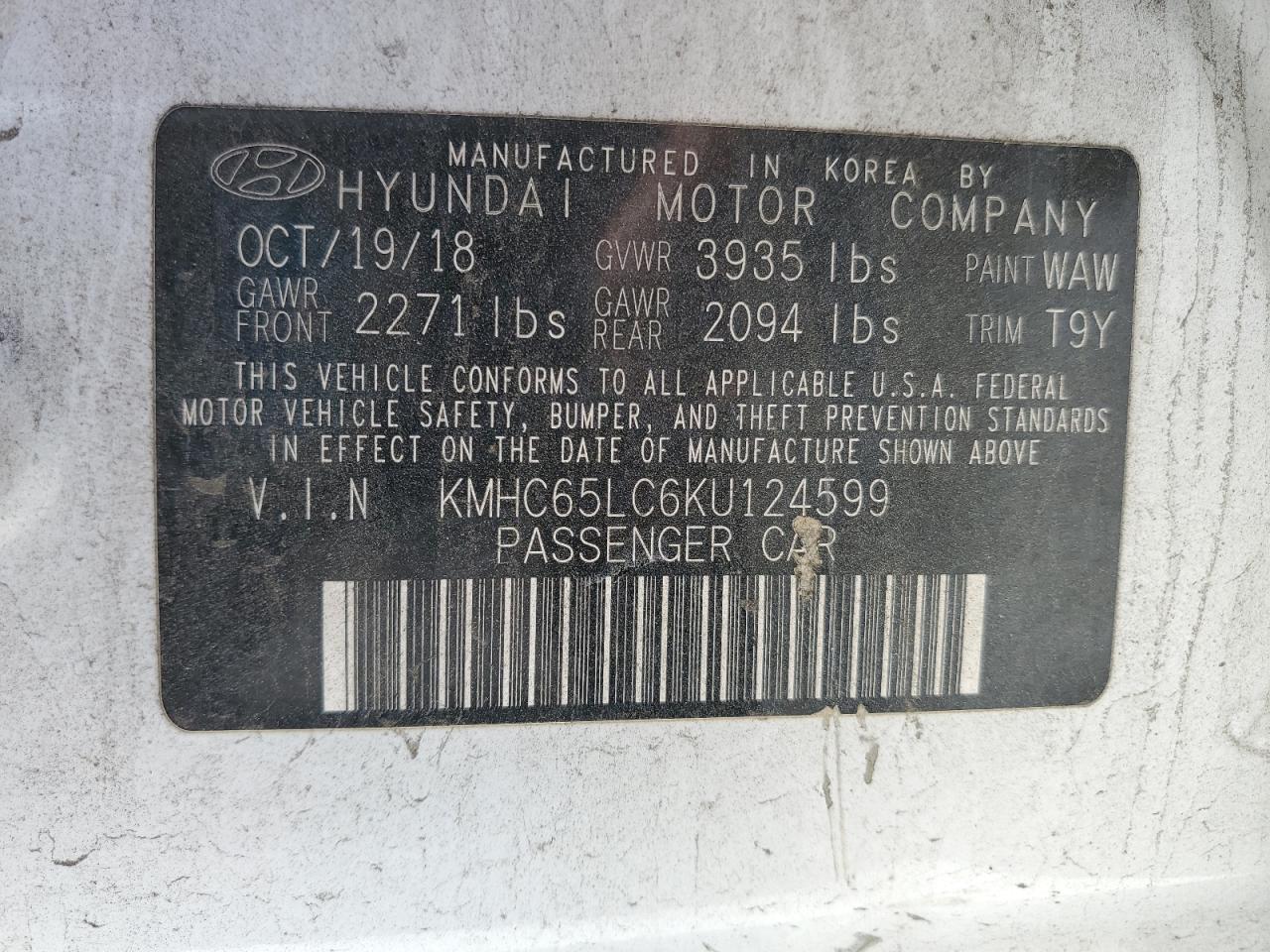 2019 Hyundai Ioniq Blue VIN: KMHC65LC6KU124599 Lot: 52243025