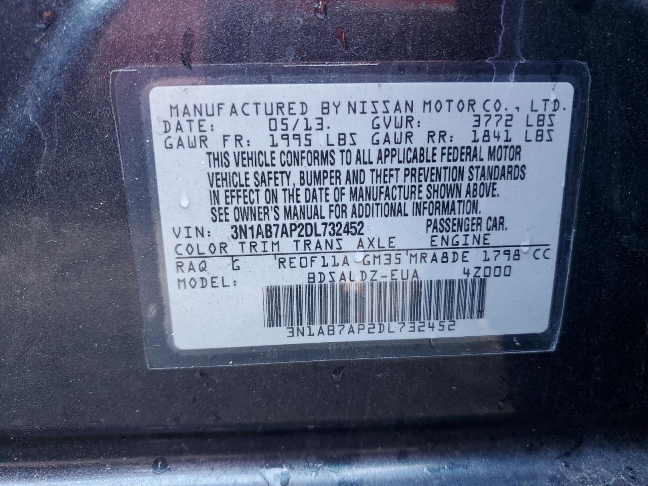 2013 Nissan Sentra S VIN: 3N1AB7AP2DL732452 Lot: 54936475