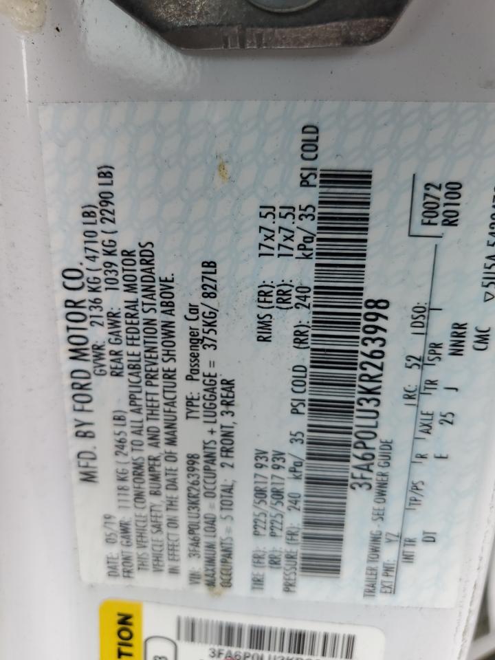 2019 Ford Fusion Se VIN: 3FA6P0LU3KR263998 Lot: 54031125