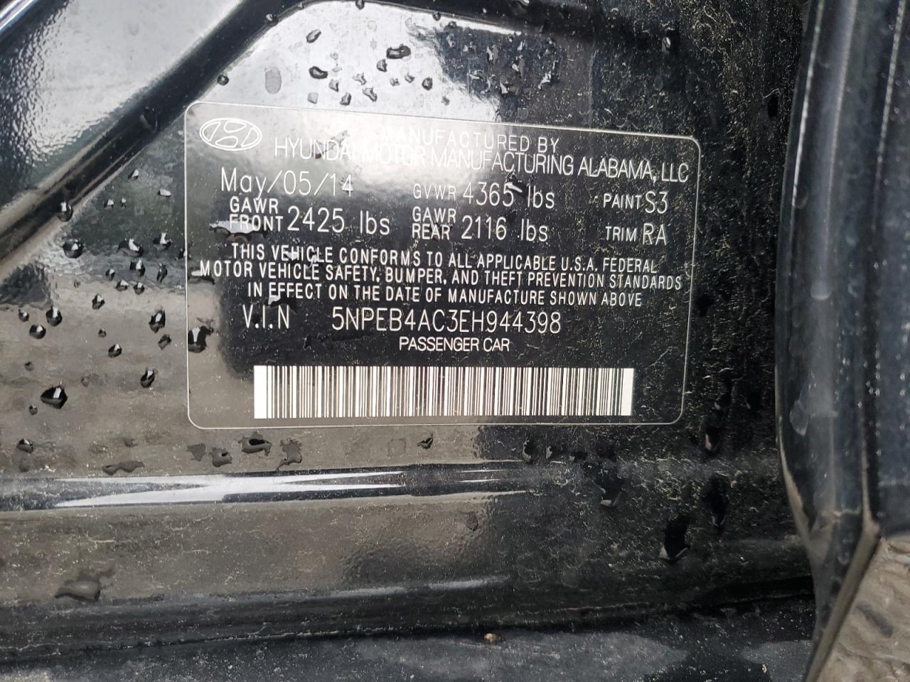 2014 Hyundai Sonata Gls VIN: 5NPEB4AC3EH944398 Lot: 52219325