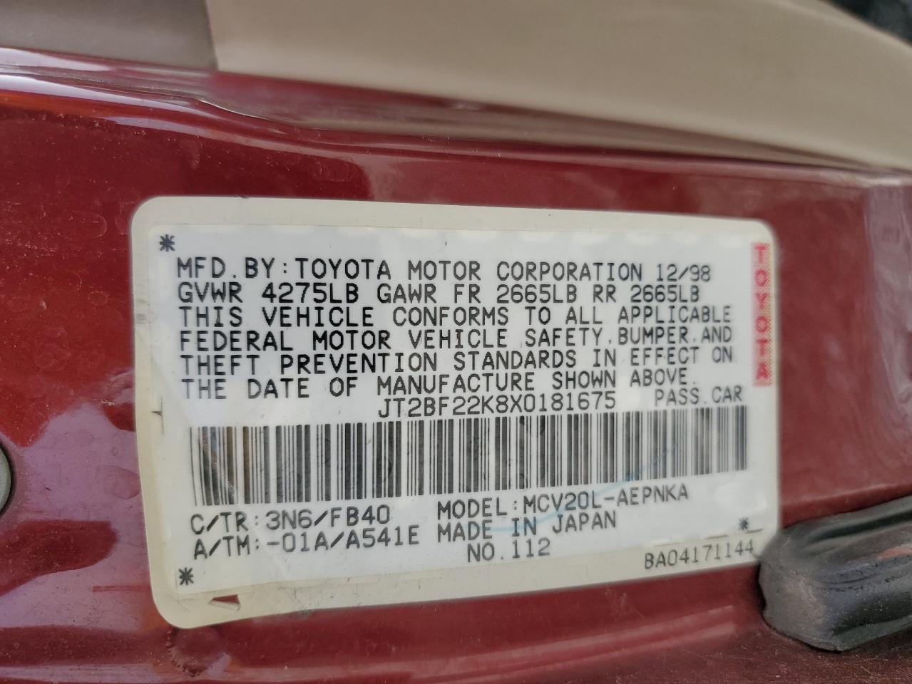 1999 Toyota Camry Le VIN: JT2BF22K8X0181675 Lot: 55057875