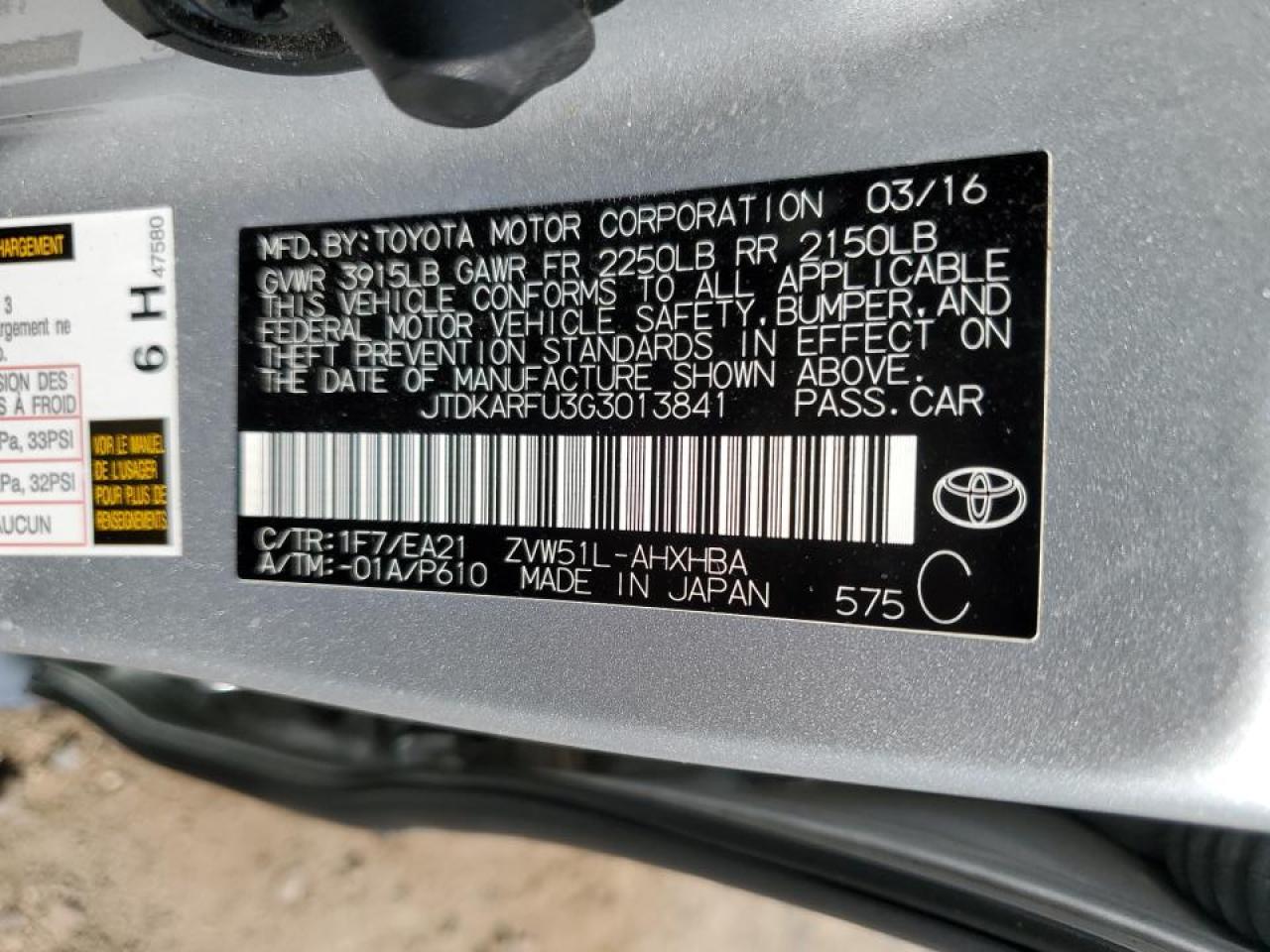 JTDKARFU3G3013841 2016 Toyota Prius
