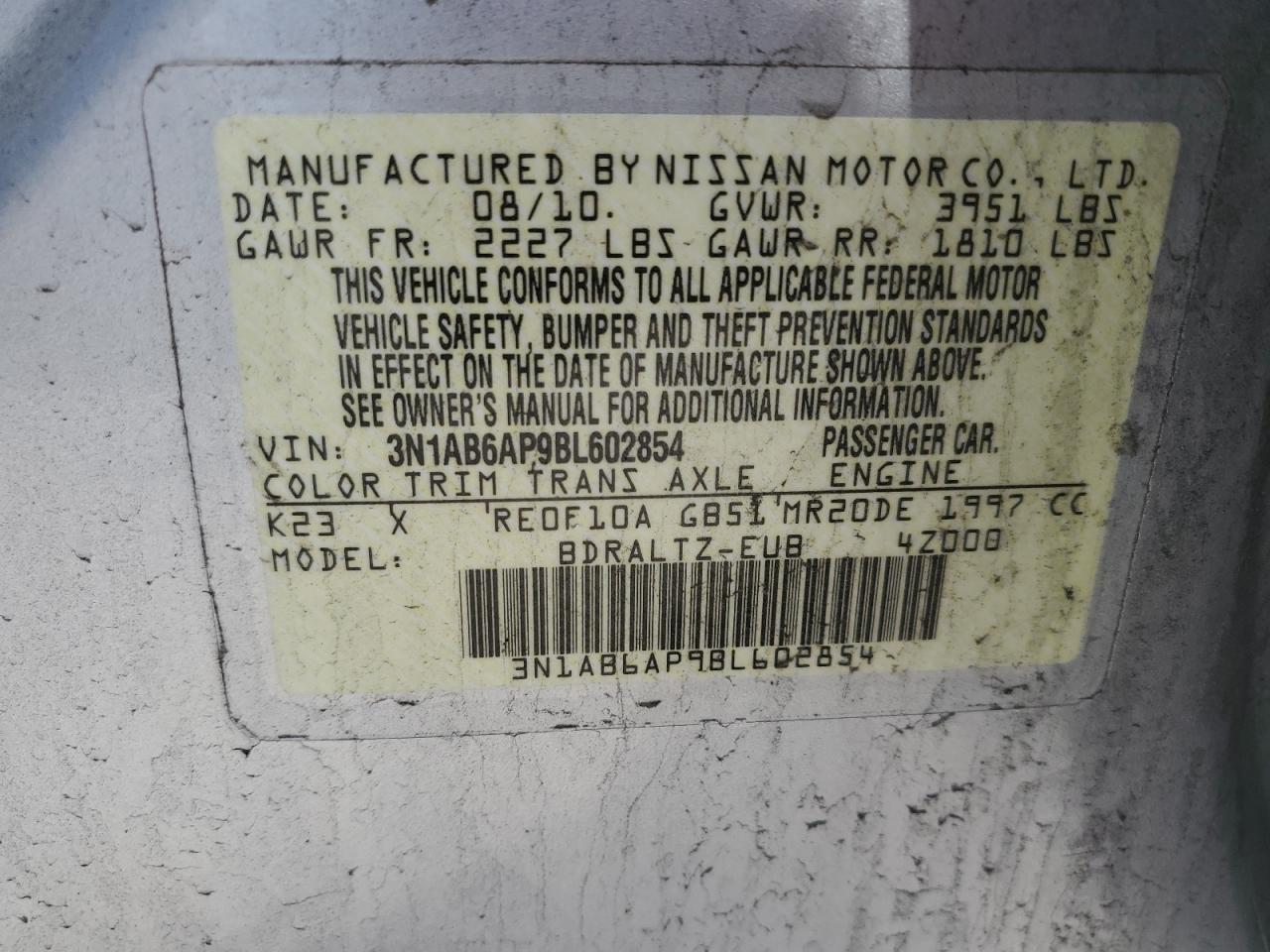 2011 Nissan Sentra 2.0 VIN: 3N1AB6AP9BL602854 Lot: 54913075