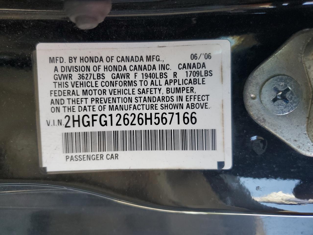 2006 Honda Civic Lx VIN: 2HGFG12626H567166 Lot: 54791595