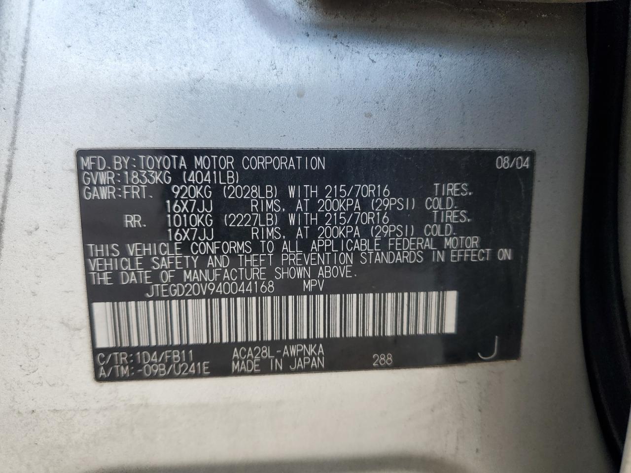 2004 Toyota Rav4 VIN: JTEGD20V940044168 Lot: 55239955