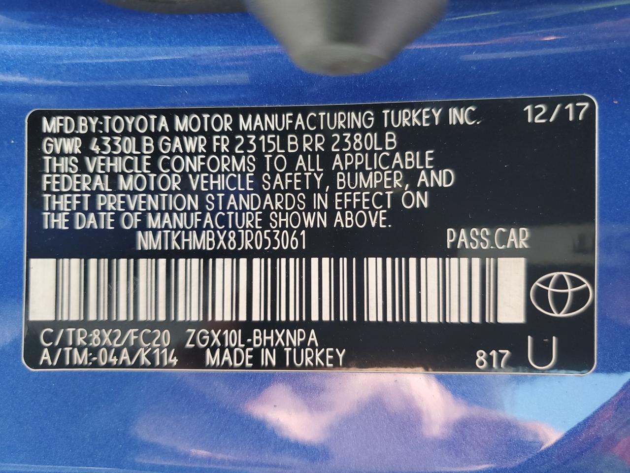 2018 Toyota C-Hr Xle VIN: NMTKHMBX8JR053061 Lot: 55283675