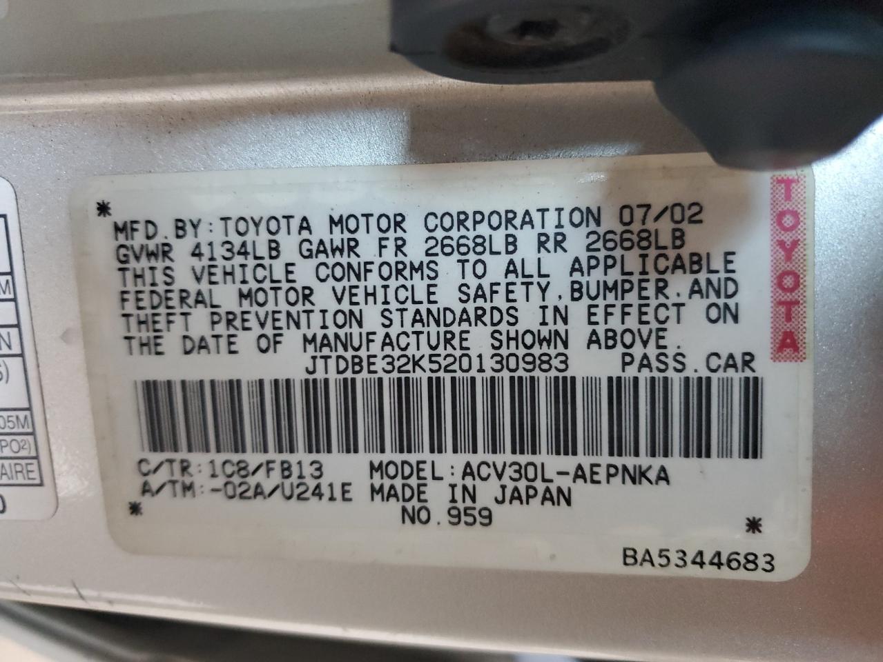 2002 Toyota Camry Le VIN: JTDBE32K520130983 Lot: 55381935