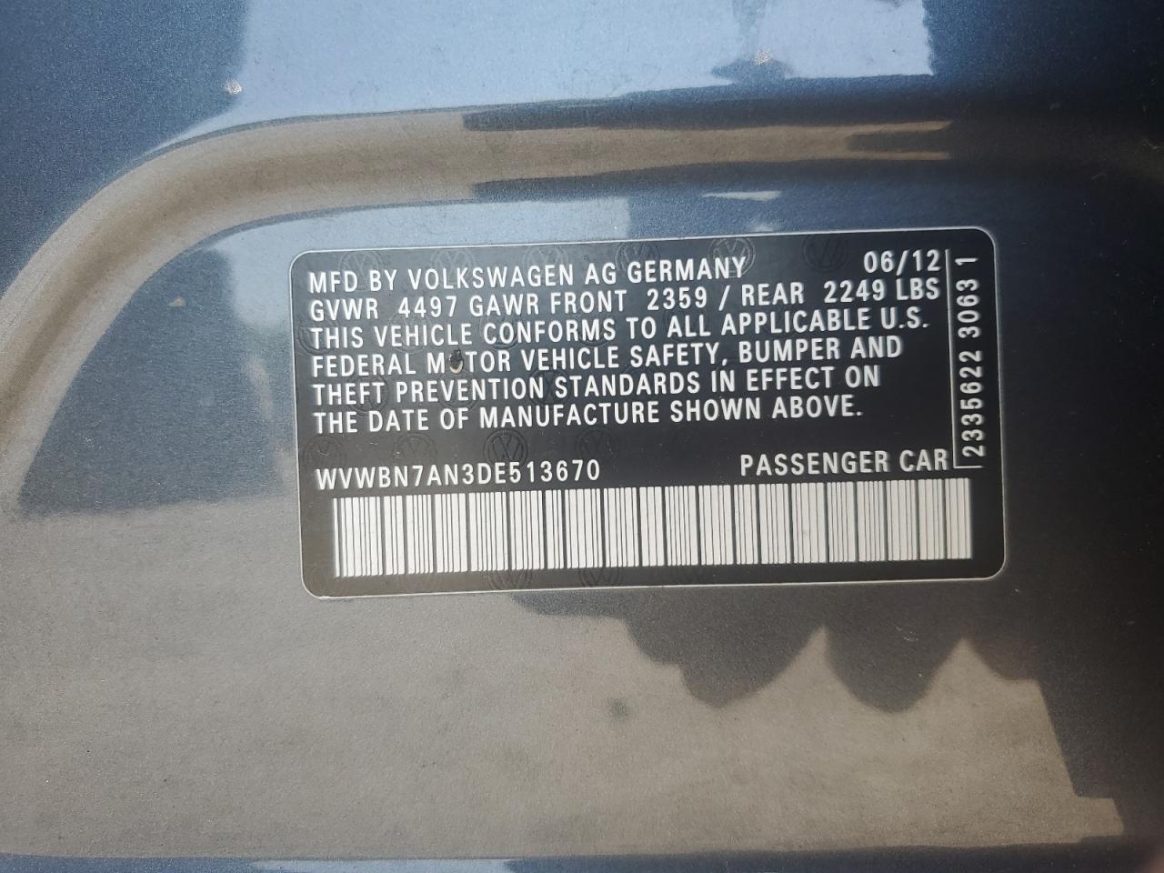 2013 Volkswagen Cc Sport VIN: WVWBN7AN3DE513670 Lot: 54052885