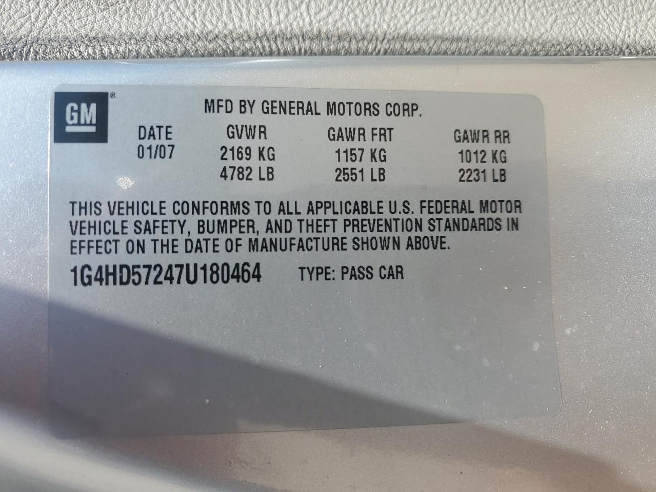 2007 Buick Lucerne Cxl VIN: 1G4HD57247U180464 Lot: 53112315