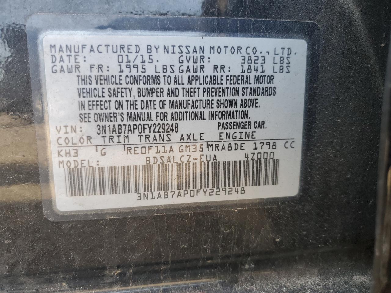 2015 Nissan Sentra S VIN: 3N1AB7AP0FY229248 Lot: 53313035