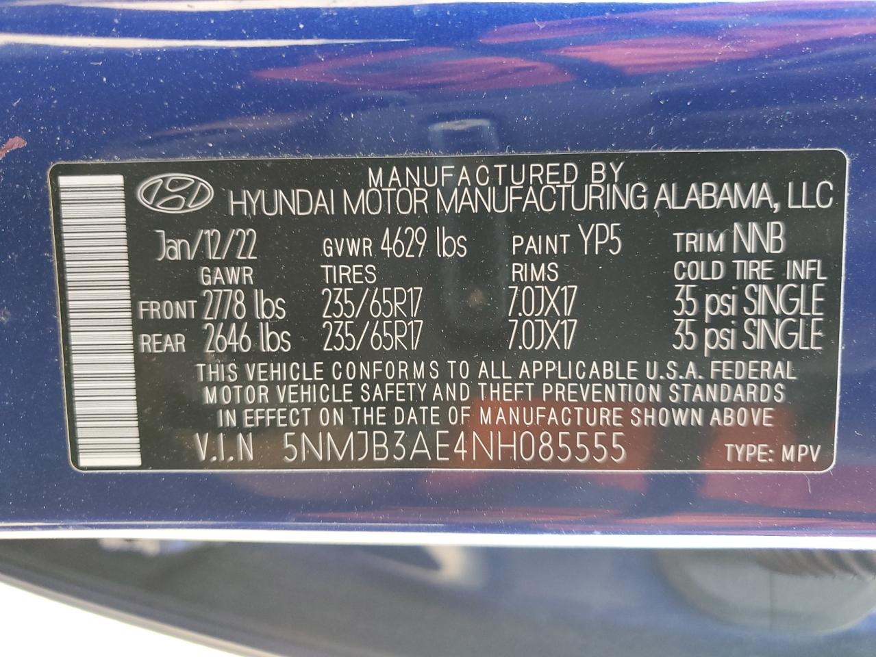 2022 Hyundai Tucson Sel VIN: 5NMJB3AE4NH085555 Lot: 55072395