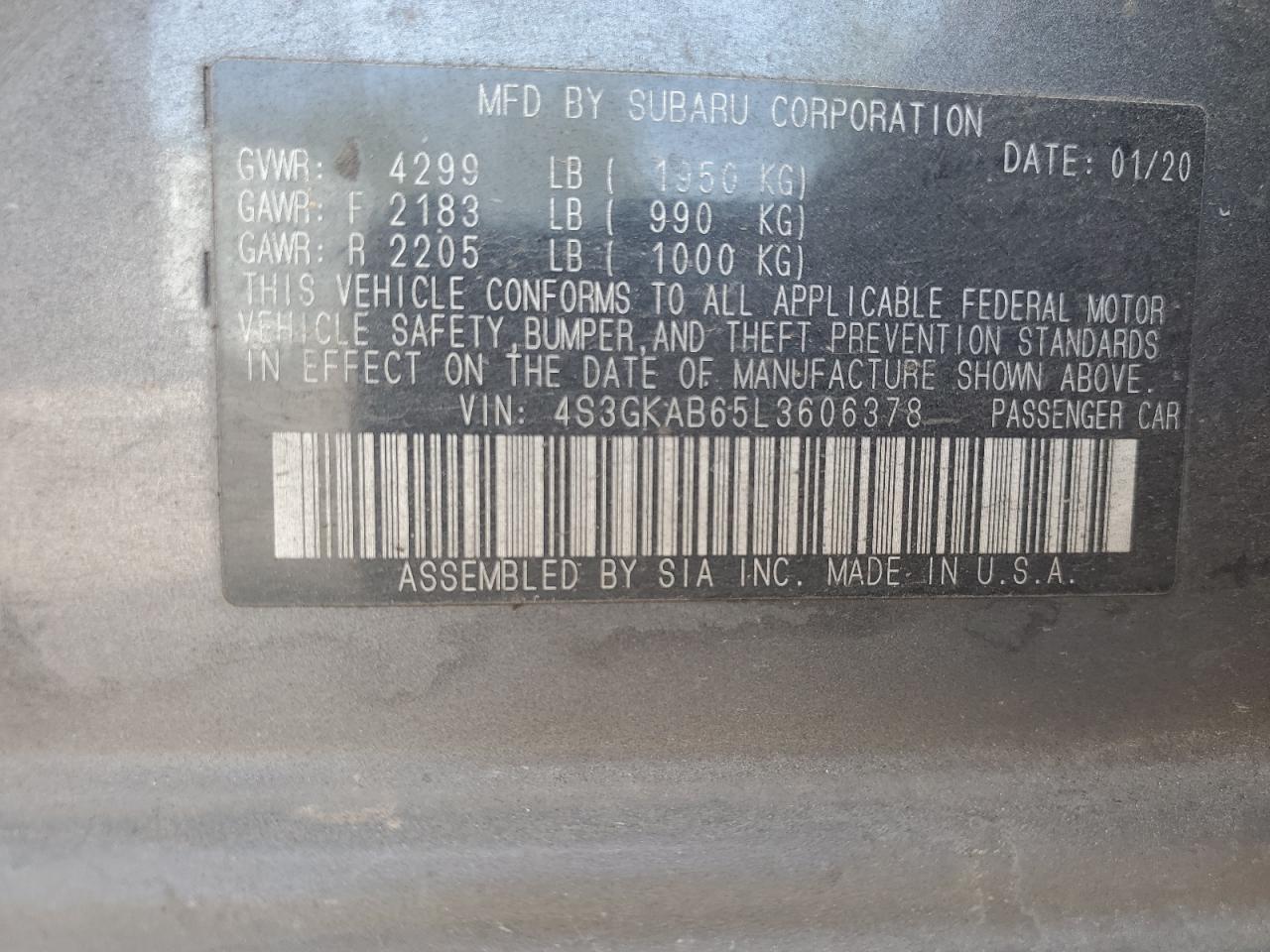 2020 Subaru Impreza VIN: 4S3GKAB65L3606378 Lot: 54948925