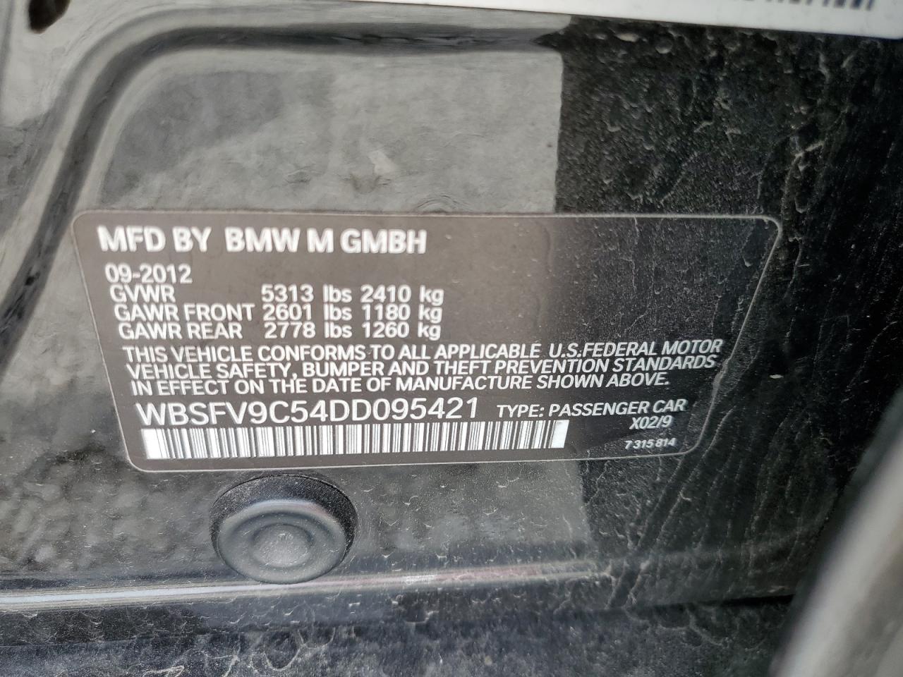 2013 BMW M5 VIN: WBSFV9C54DD095421 Lot: 53492515