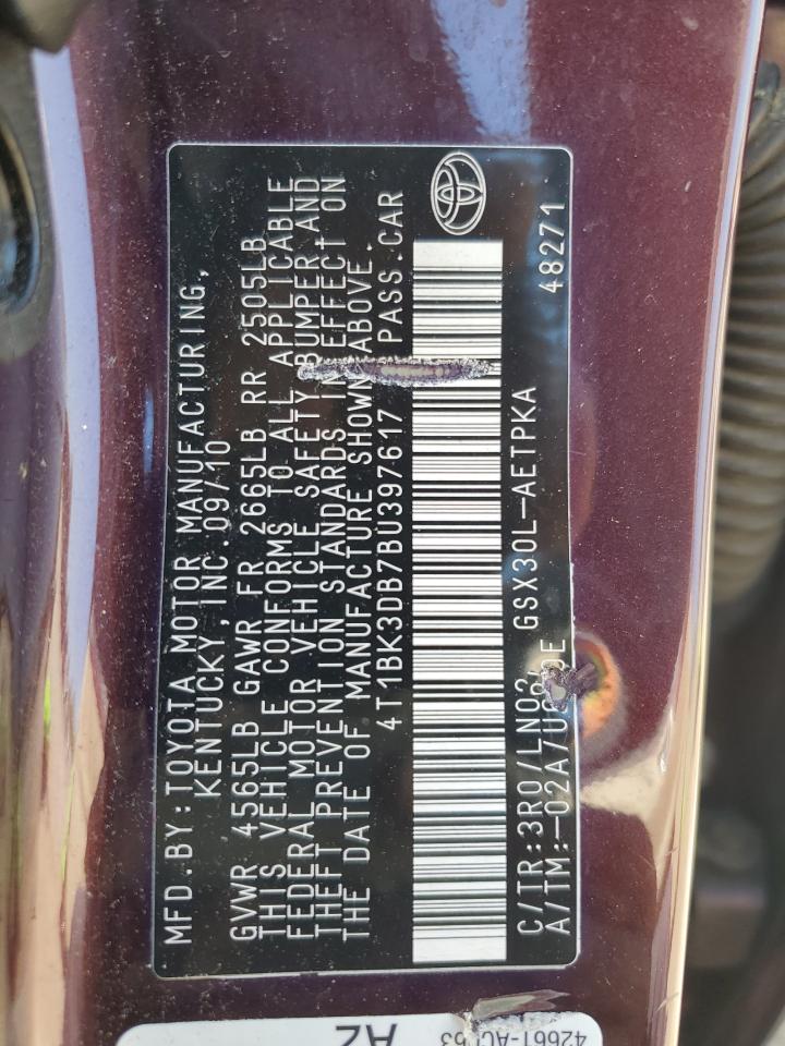 2011 Toyota Avalon Base VIN: 4T1BK3DB7BU397617 Lot: 51995925